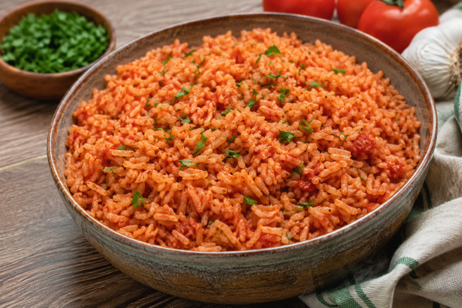Plato de arroz rojo casero servido en un recipiente de cerámica sobre una mesa de madera, con granos sueltos y esponjosos, decorado con hierbas frescas y acompañado de tomates y ajo en el fondo.