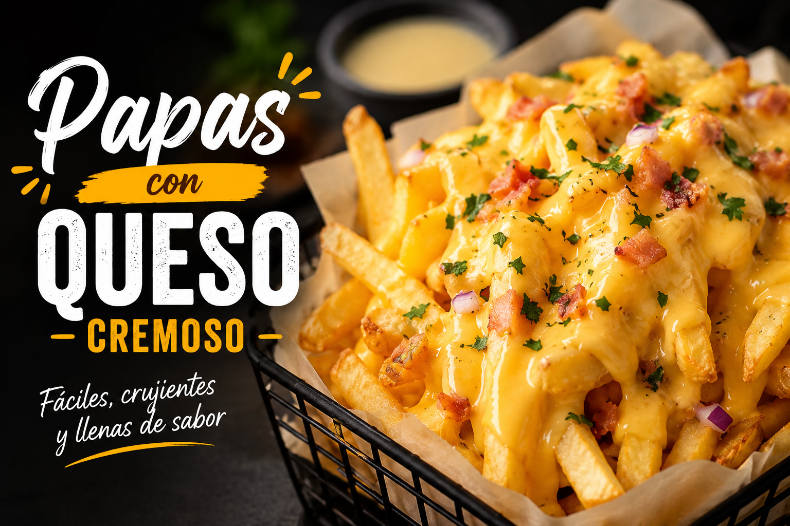 Papas fritas doradas cubiertas con queso cremoso, tocino, cebolla morada y perejil, servidas en una canasta con papel.