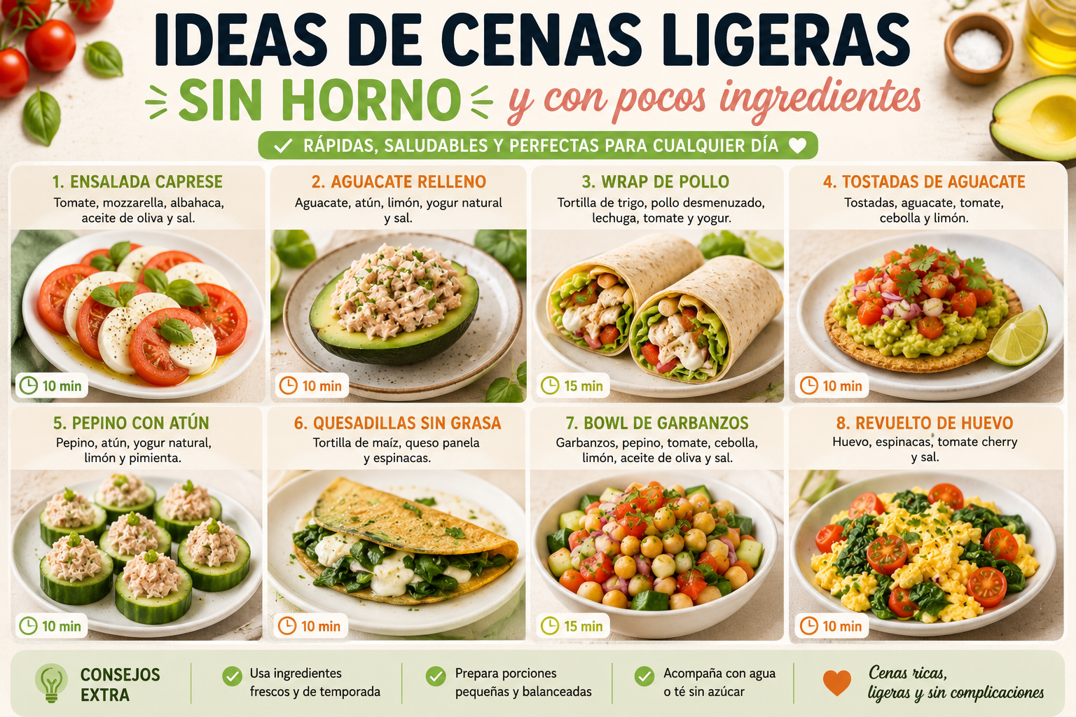 Ideas de cenas ligeras sin horno y con pocos ingredientes, incluyendo wraps, ensaladas, aguacate relleno, garbanzos, atún y huevo, perfectas para preparar comidas rápidas, saludables y fáciles entre semana.