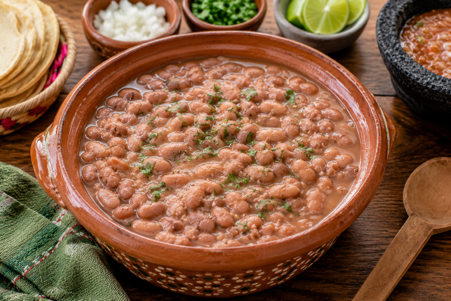 Frijoles de olla cremosos preparados al estilo casero mexicano, cocidos lentamente para lograr una textura suave y un caldo espeso, acompañados de tortillas y guarniciones tradicionales.