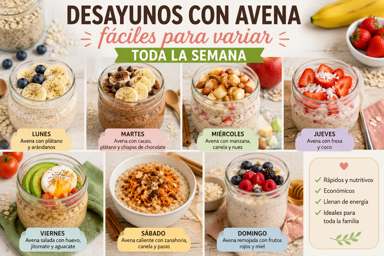 Desayunos con avena fáciles para toda la semana, incluyendo recetas saludables con plátano, fresas, manzana, frutos rojos, nueces y otros ingredientes nutritivos para variar el desayuno cada día.