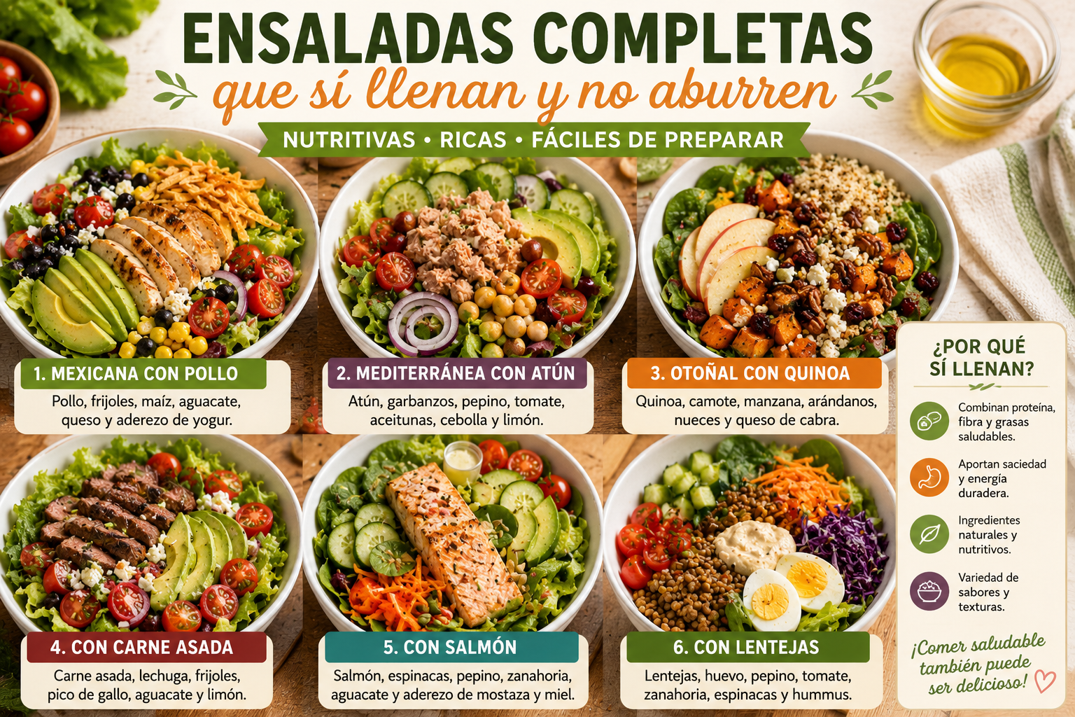 Ensaladas completas que sí llenan y no aburren, elaboradas con pollo, atún, quinoa, carne asada, salmón y lentejas, combinadas con verduras frescas para crear comidas saludables, nutritivas y saciantes.