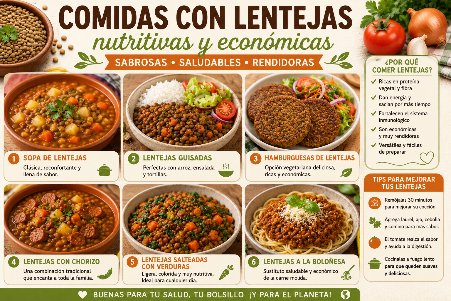 Recetas con lentejas nutritivas y económicas, como sopa de lentejas, hamburguesas vegetales, lentejas guisadas y lentejas con verduras, ideales para una alimentación saludable, rica en proteína vegetal, fibra y de bajo costo.
