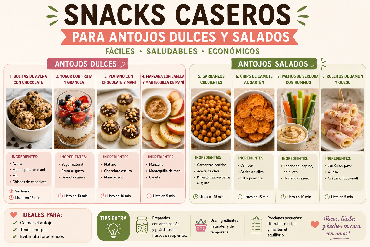 Snacks caseros para antojos dulces y salados, con recetas fáciles y saludables como bolitas de avena, yogur con fruta, chips de camote, garbanzos crujientes y verduras con hummus, ideales para colaciones nutritivas y económicas.