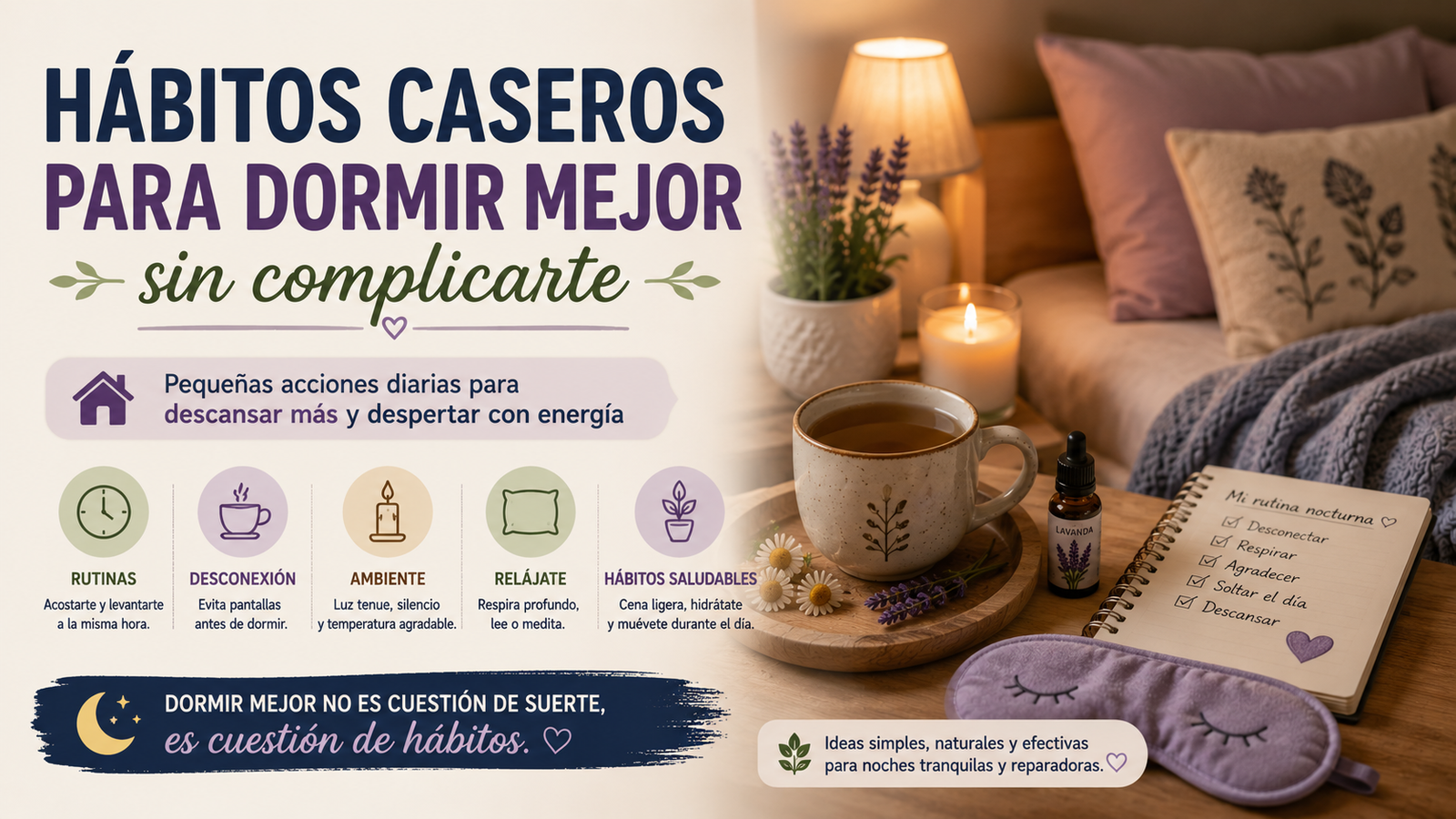 Hábitos caseros para dormir mejor sin complicarte, con rutinas nocturnas, ambiente relajante, desconexión de pantallas y prácticas sencillas para favorecer un descanso profundo y despertar con más energía.