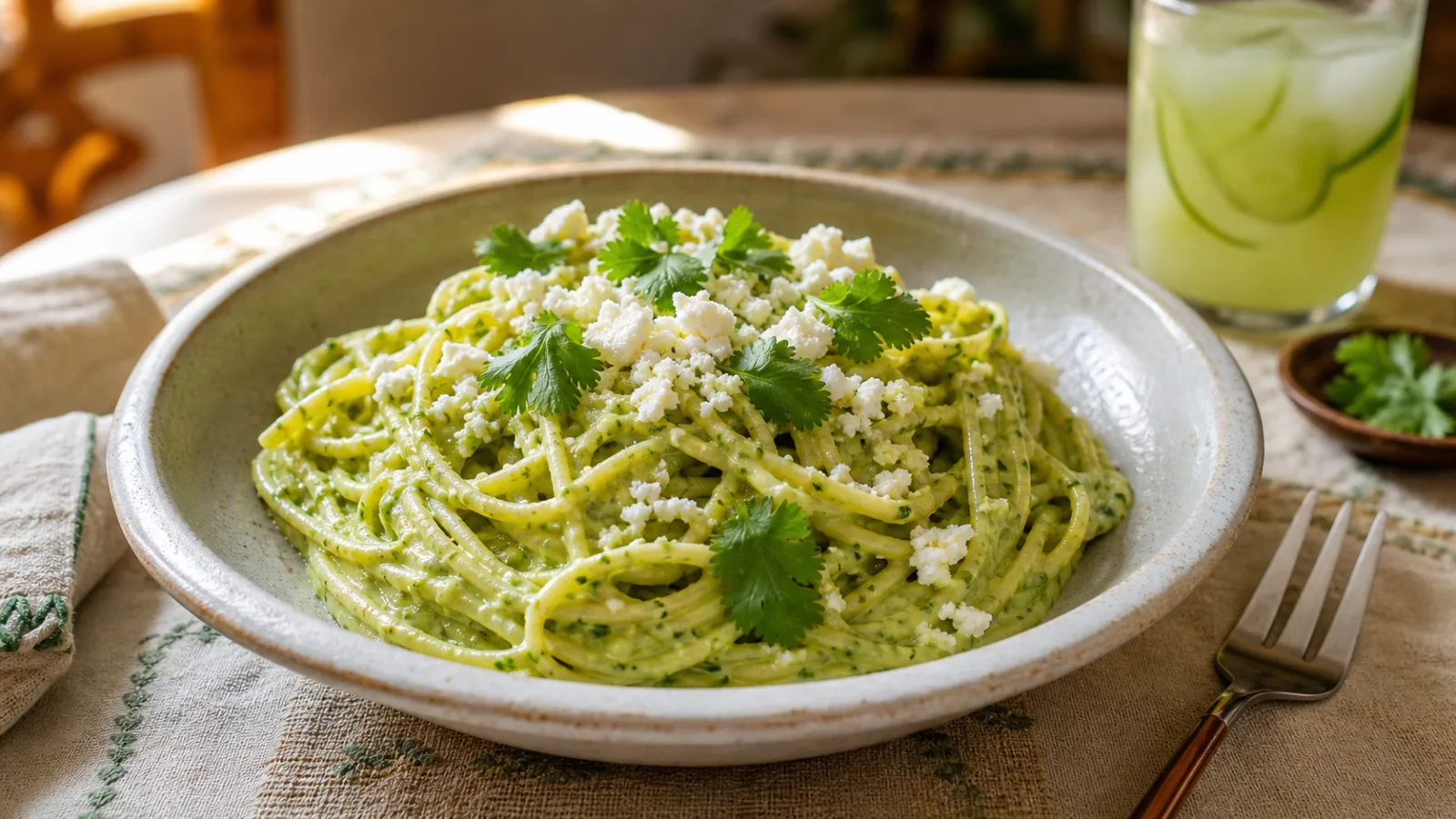Espagueti verde con cilantro crema y queso fresco servido en mesa casera