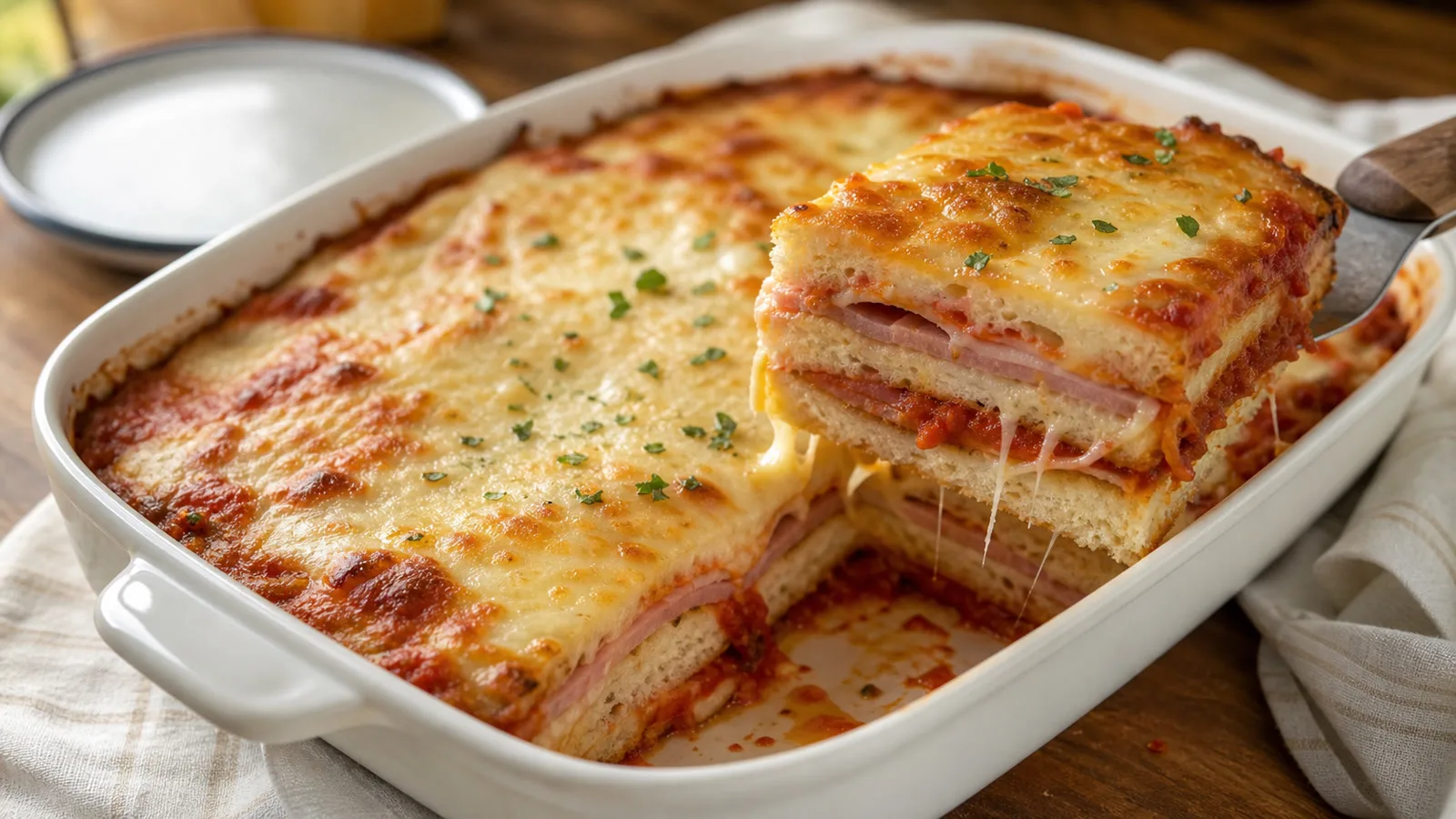 Lasana rapida de pan de caja con jamon queso y salsa de jitomate servida en refractario