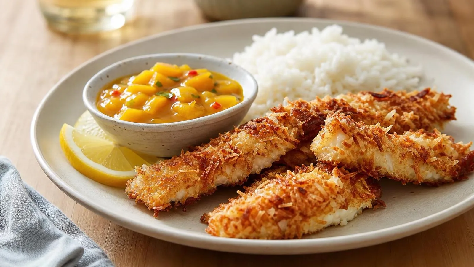 Filetes de pescado empanizados con coco y salsa de mango servidos en plato casero