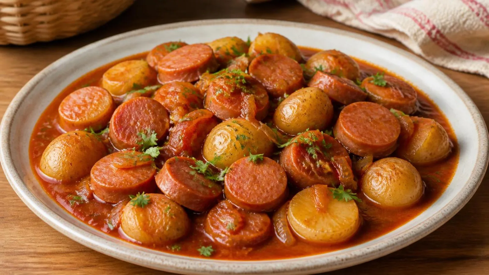 Salchichas guisadas con papas cambray en salsa de tomate servidas en plato casero
