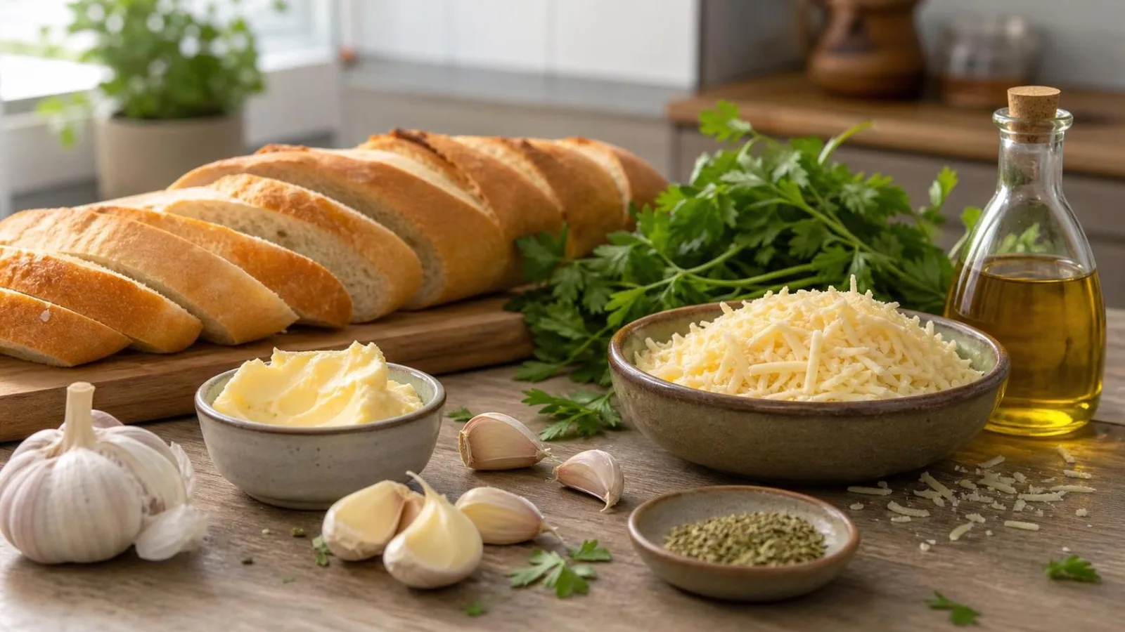 Ingredientes reales para pan de ajo con queso en sarten acomodados en cocina casera