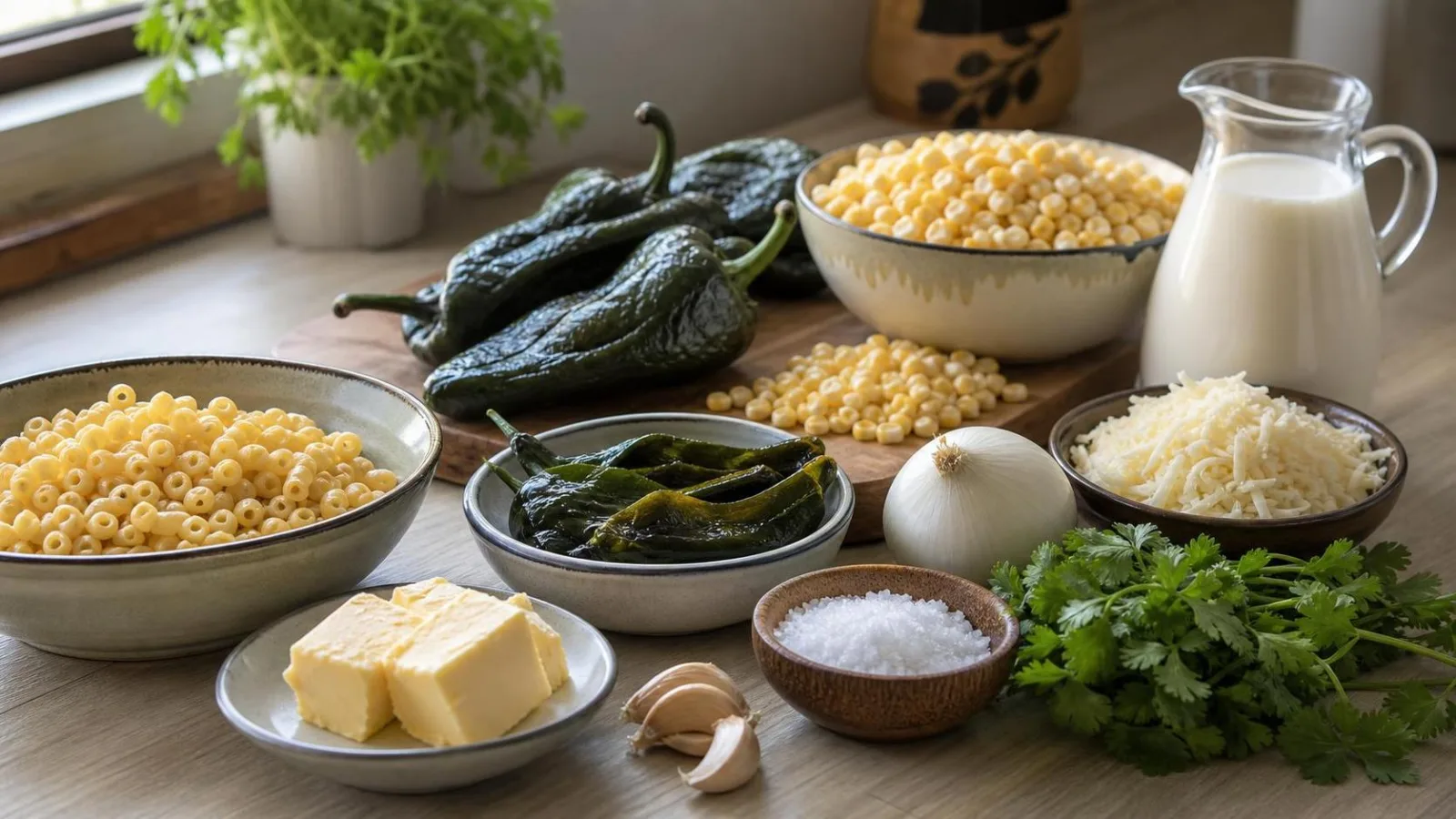 Ingredientes para coditos cremosos con elote y chile poblano acomodados en cocina casera