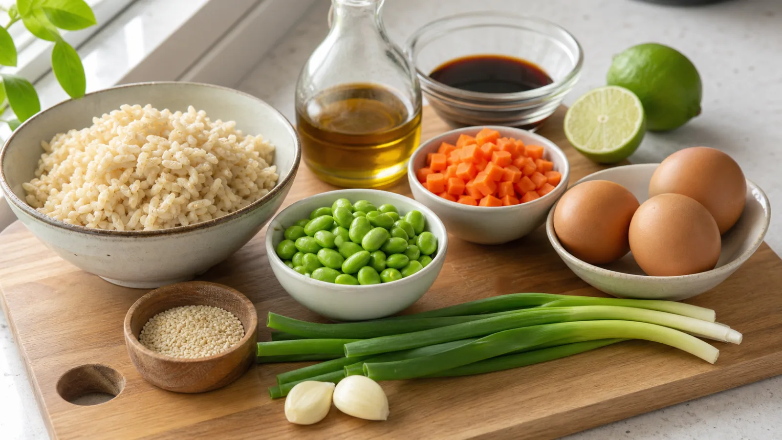 Ingredientes reales para arroz integral salteado con edamame zanahoria y huevo en cocina casera