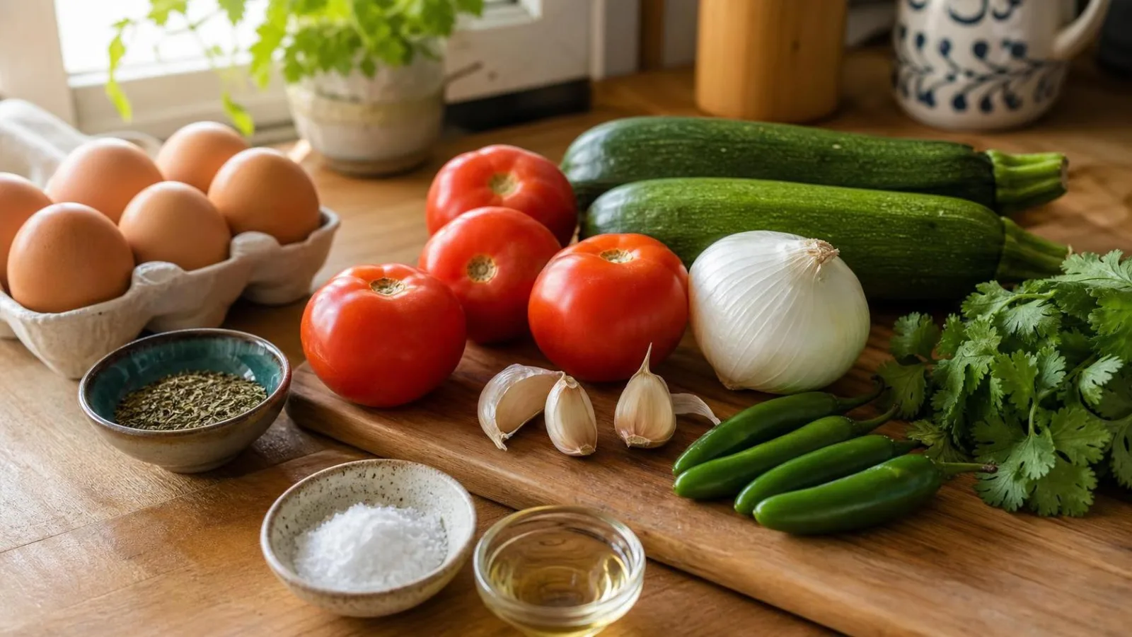 Ingredientes reales para huevos ahogados con jitomate y calabacitas acomodados en cocina casera