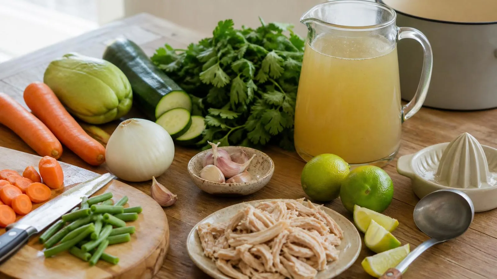Ingredientes reales para caldo claro de verduras con pavo acomodados en cocina casera