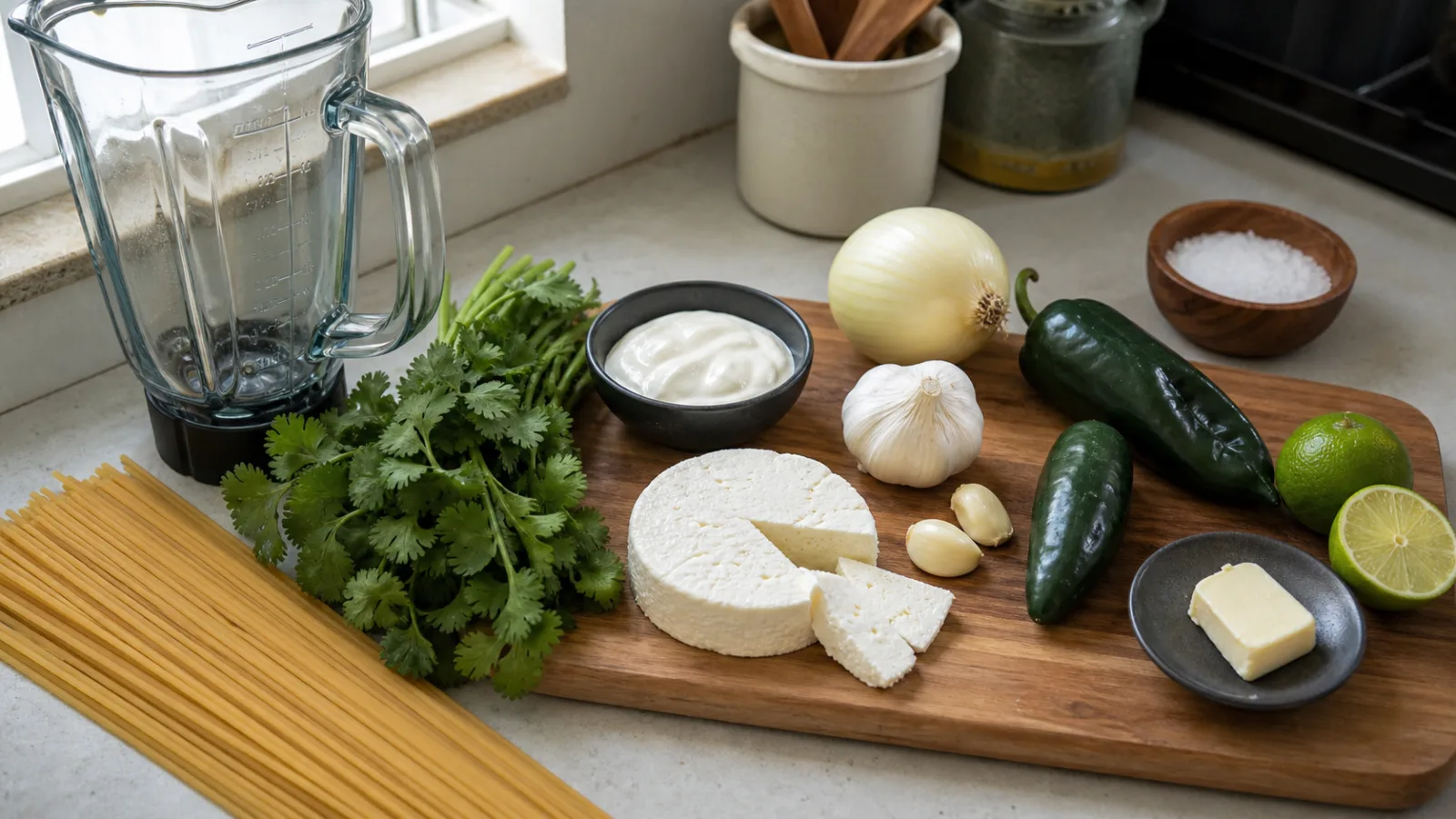 Ingredientes reales para espagueti verde con cilantro crema y queso fresco en cocina casera