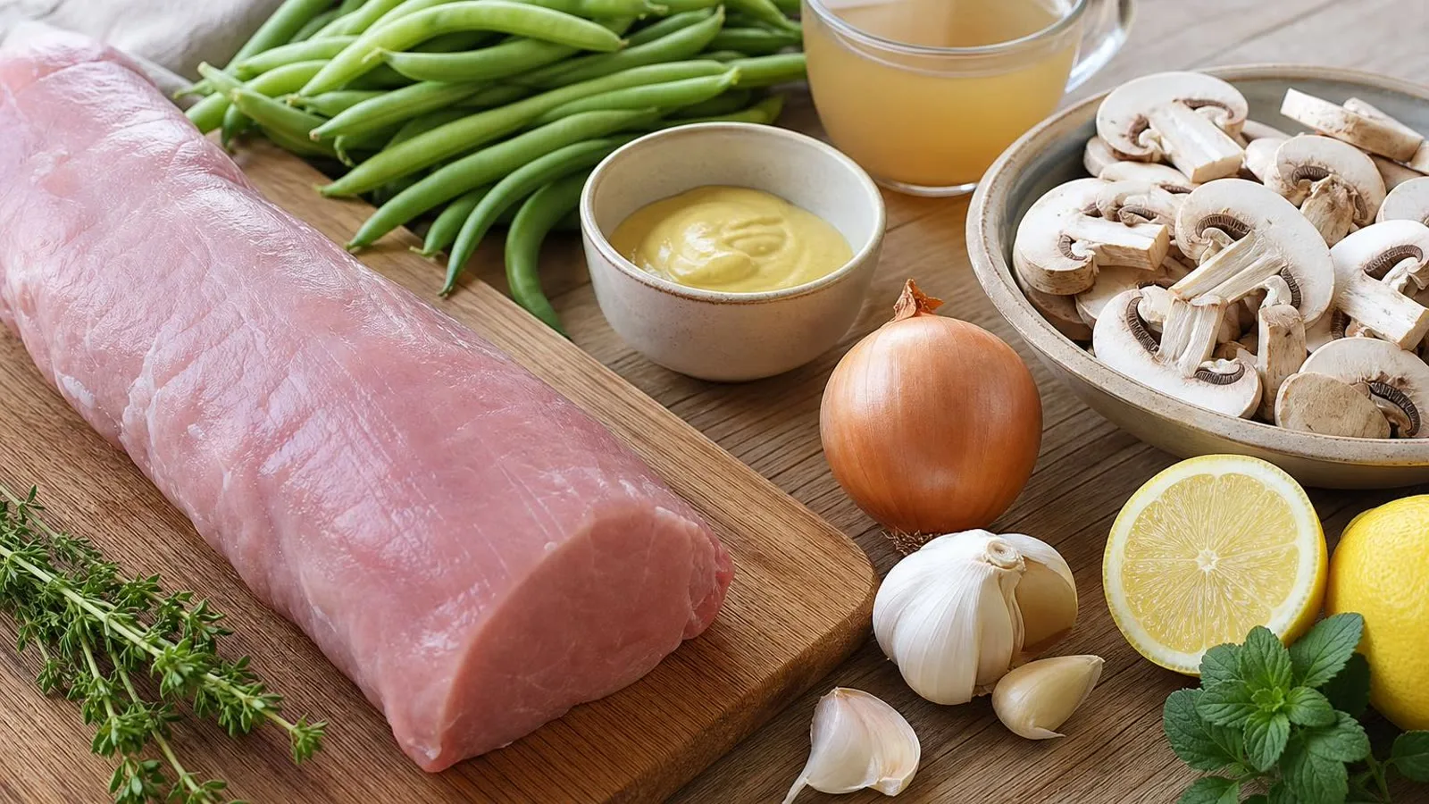 Ingredientes reales para lomo de cerdo con ejotes champinones y mostaza en cocina casera
