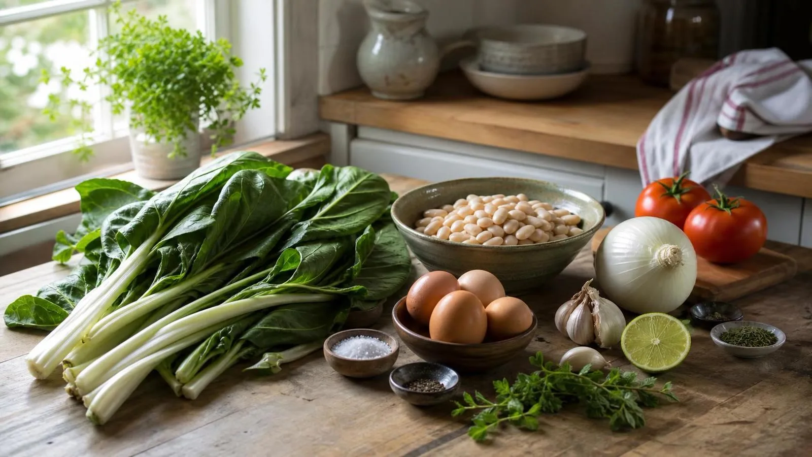 Ingredientes reales para acelgas guisadas con frijoles blancos y huevo acomodados en cocina casera