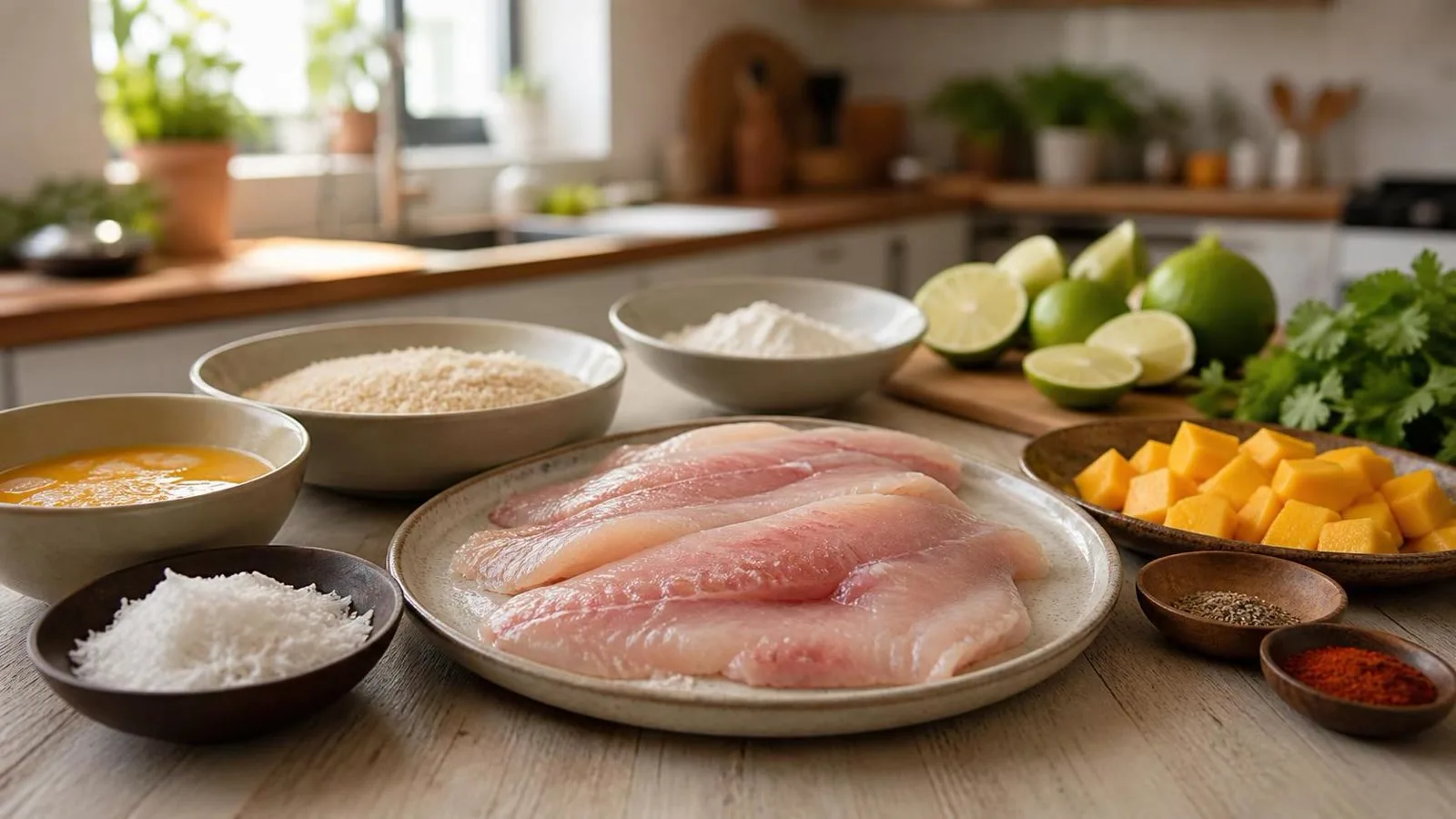 Ingredientes reales para filetes de pescado empanizados con coco y salsa de mango en cocina casera