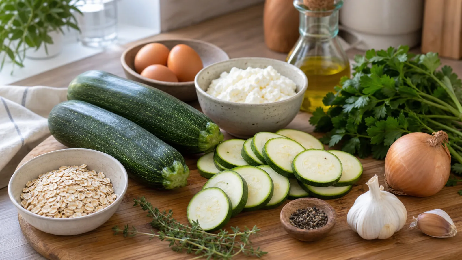 Ingredientes reales para calabacitas gratinadas con avena queso cottage y hierbas acomodados en cocina casera