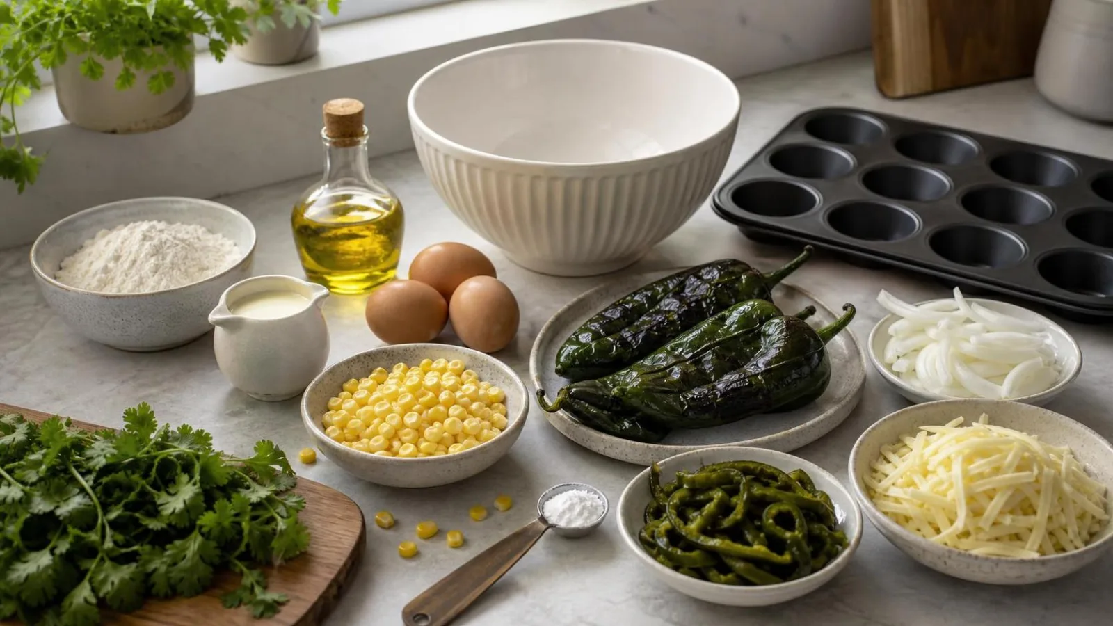 Ingredientes reales para pastelitos salados de elote con rajas y queso acomodados en cocina casera