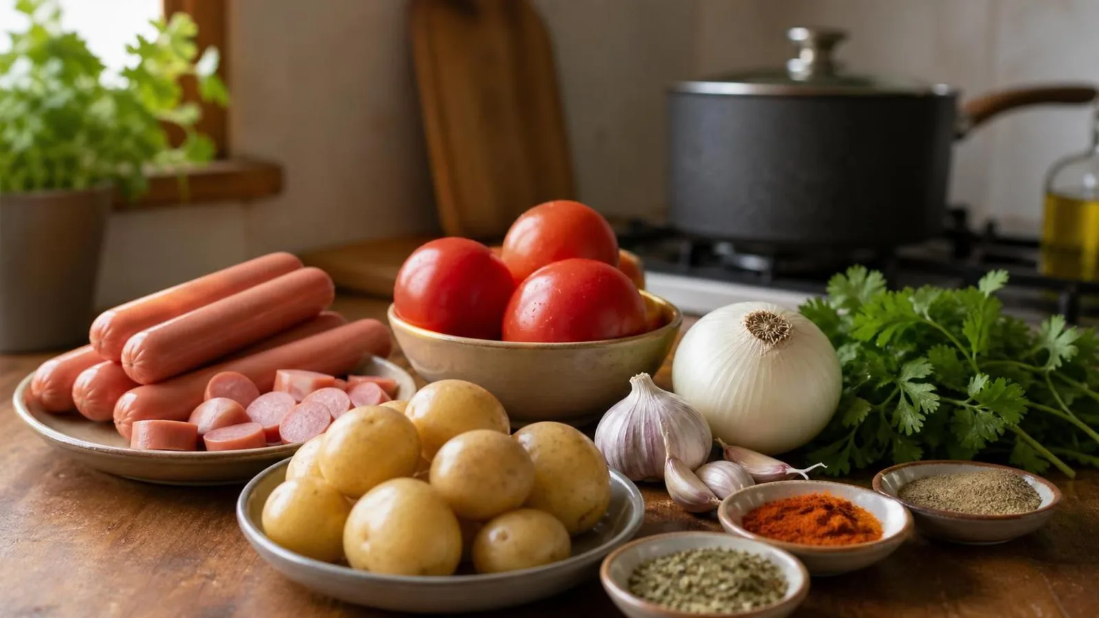 Ingredientes reales para salchichas guisadas con papas cambray y salsa de tomate en cocina casera