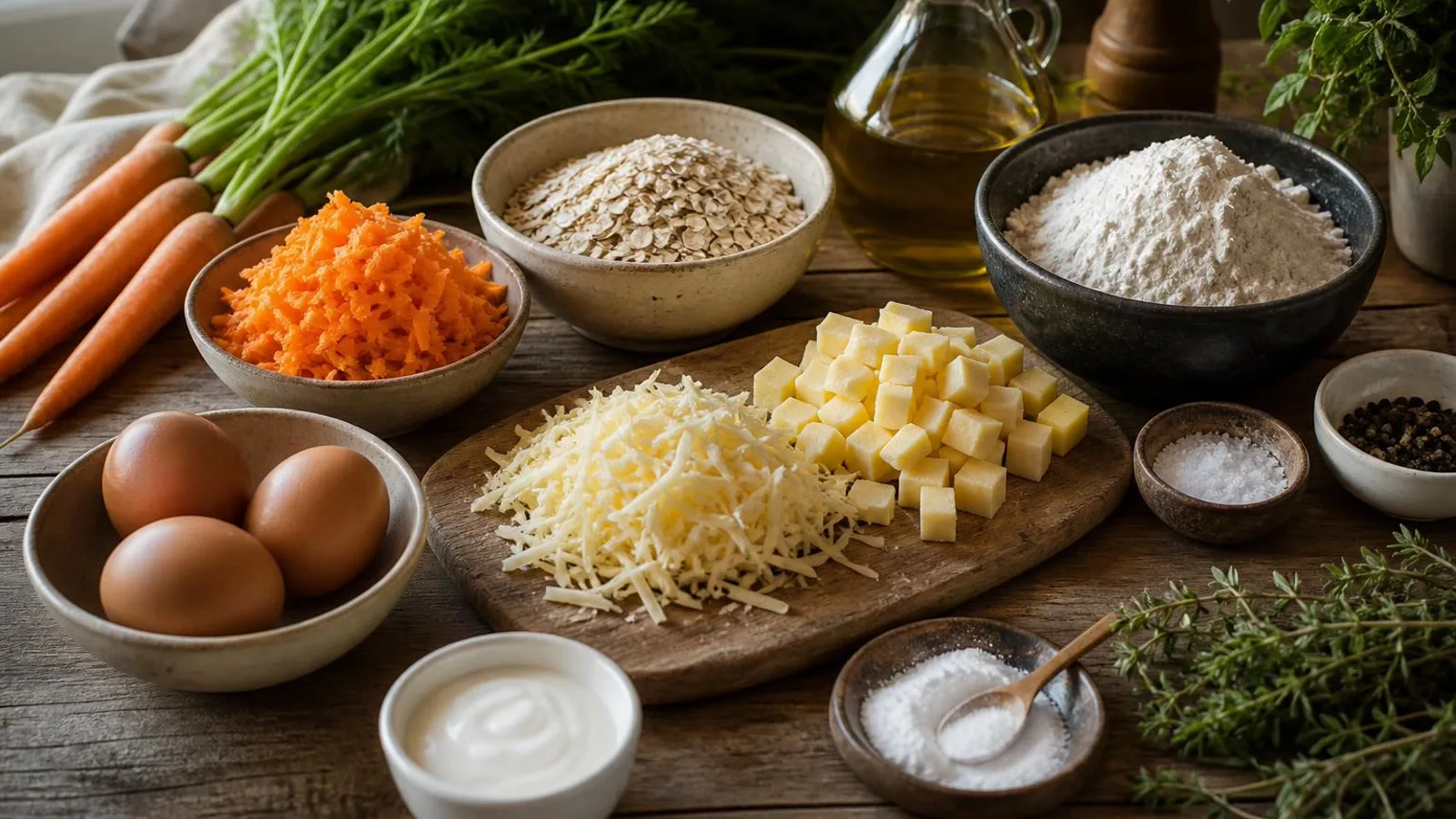 Ingredientes reales para panque salado de zanahoria con queso y avena en cocina casera