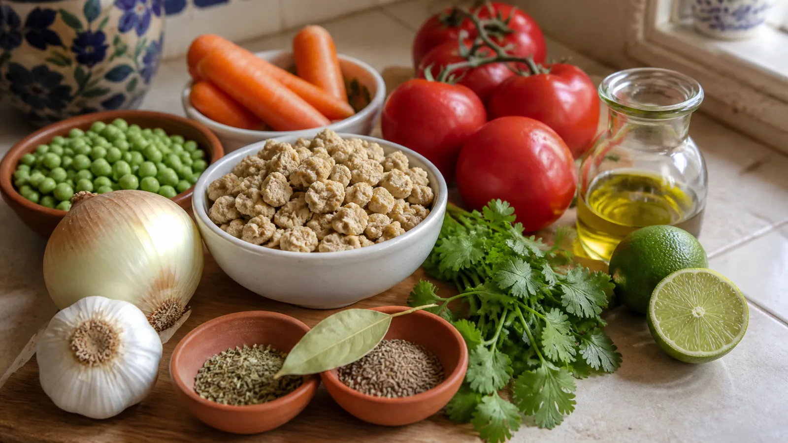 Ingredientes reales para picadillo de soya texturizada con zanahoria chicharos y jitomate en cocina casera