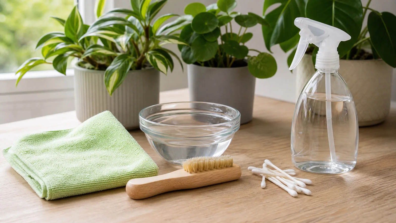 Materiales caseros para limpiar hojas de plantas de interior con paño, agua, cepillo suave y atomizador