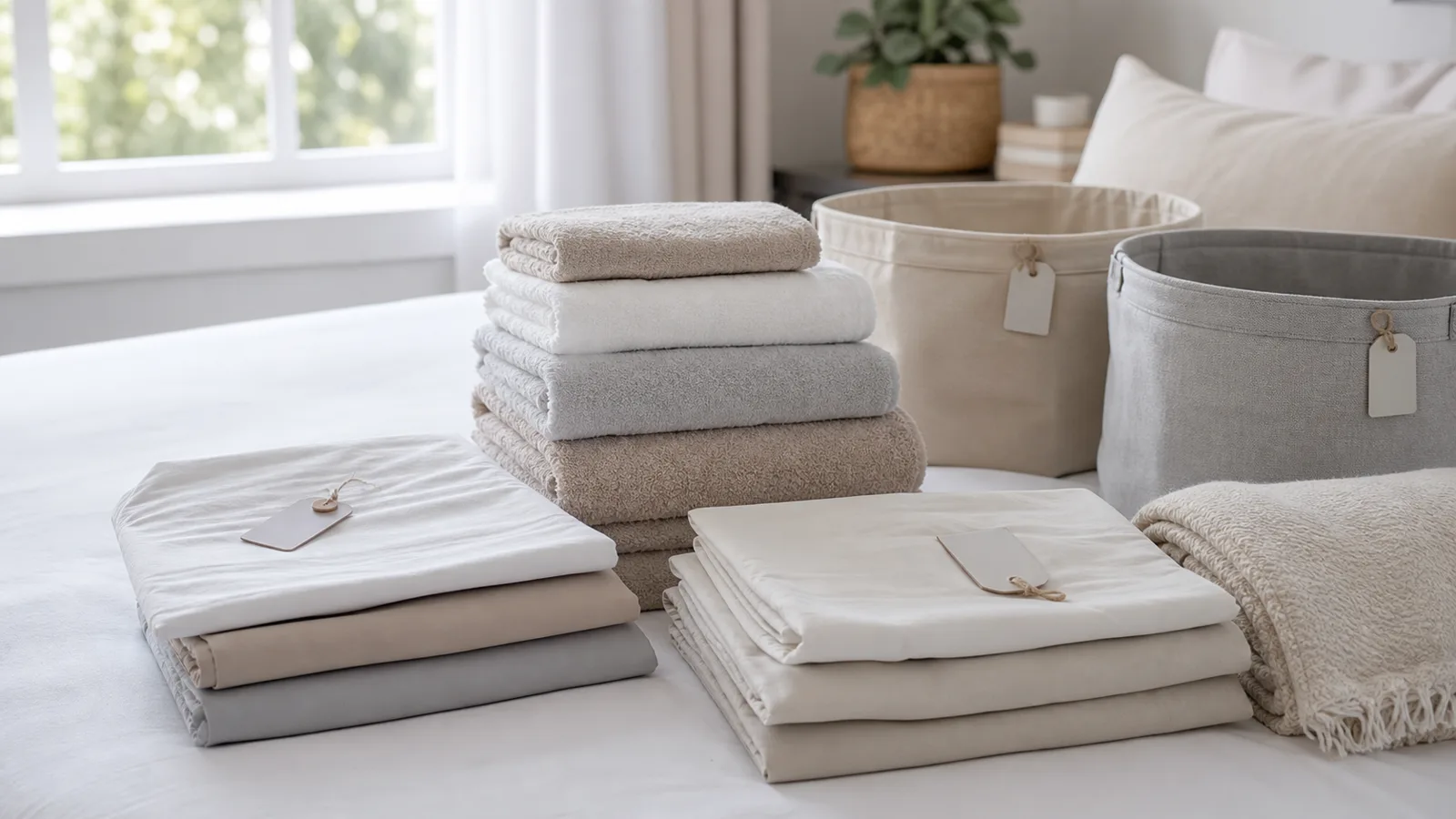 Sabanas, toallas, fundas, cobijas ligeras y canastas listas para organizar un closet de blancos