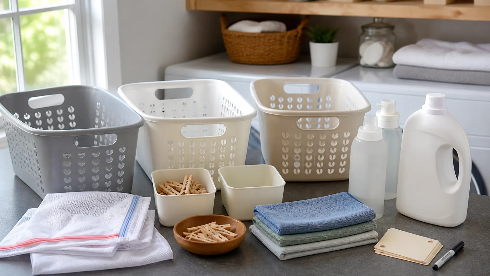 Cestos, bolsas de lavado, pinzas, panos y detergentes sin marca para organizar la zona de lavado