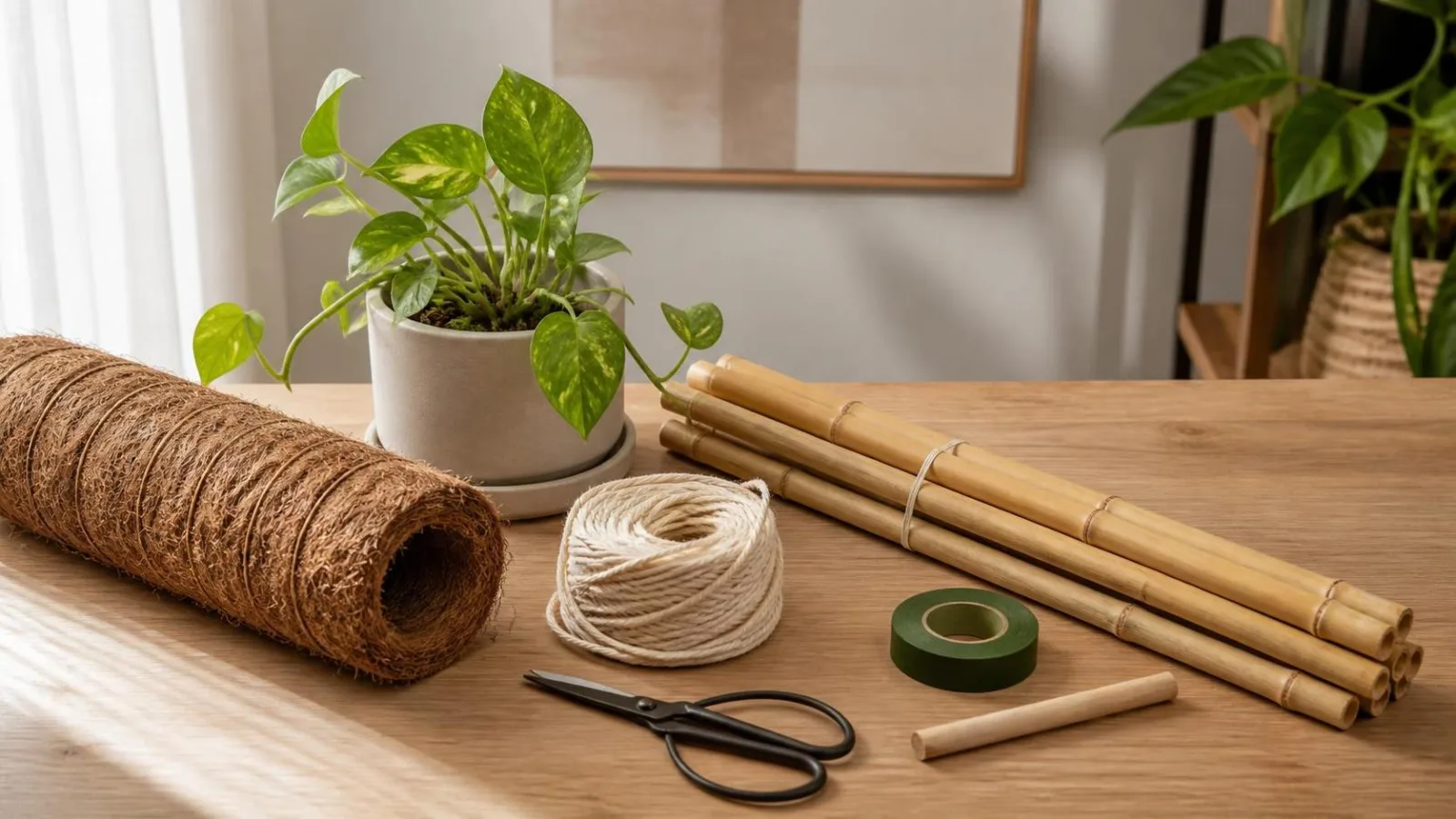Materiales para poner tutores a plantas trepadoras de interior en una mesa casera
