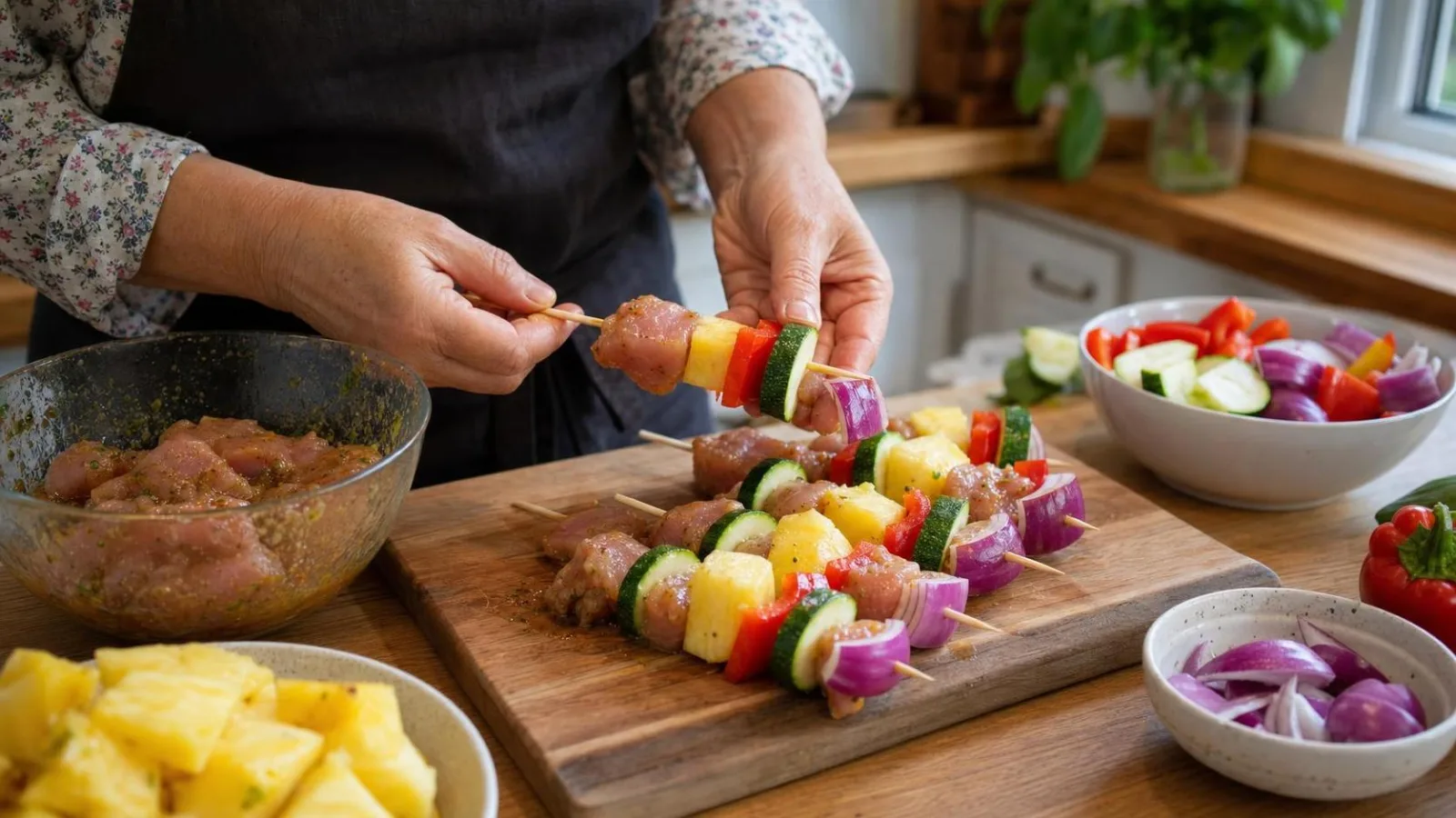 Manos armando brochetas de pavo con piña y verduras en cocina casera