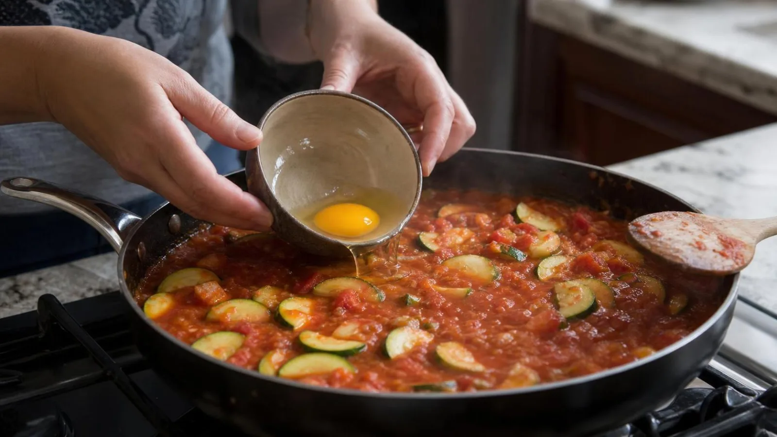 Manos cocinando huevos en salsa de jitomate con calabacitas en sarten casero