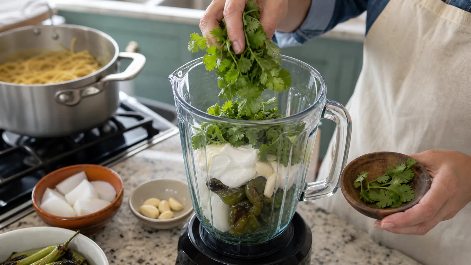 Manos agregando cilantro crema ajo y chile verde a la licuadora para preparar salsa de espagueti verde