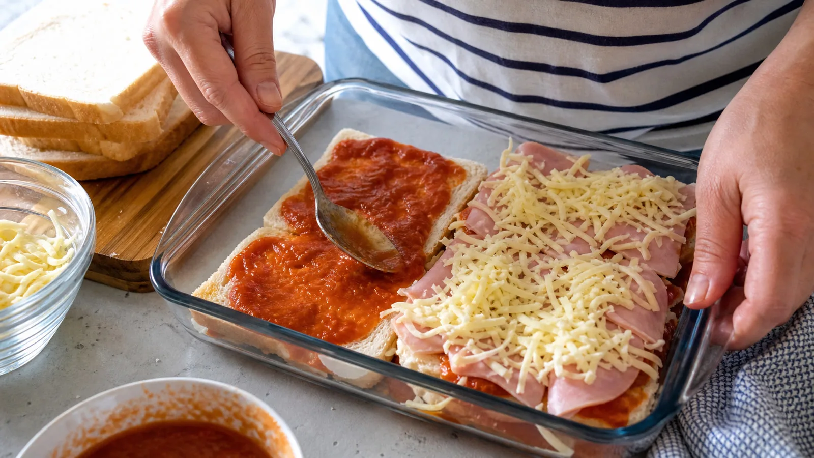 Manos armando lasana de pan de caja con salsa de jitomate jamon y queso en refractario casero