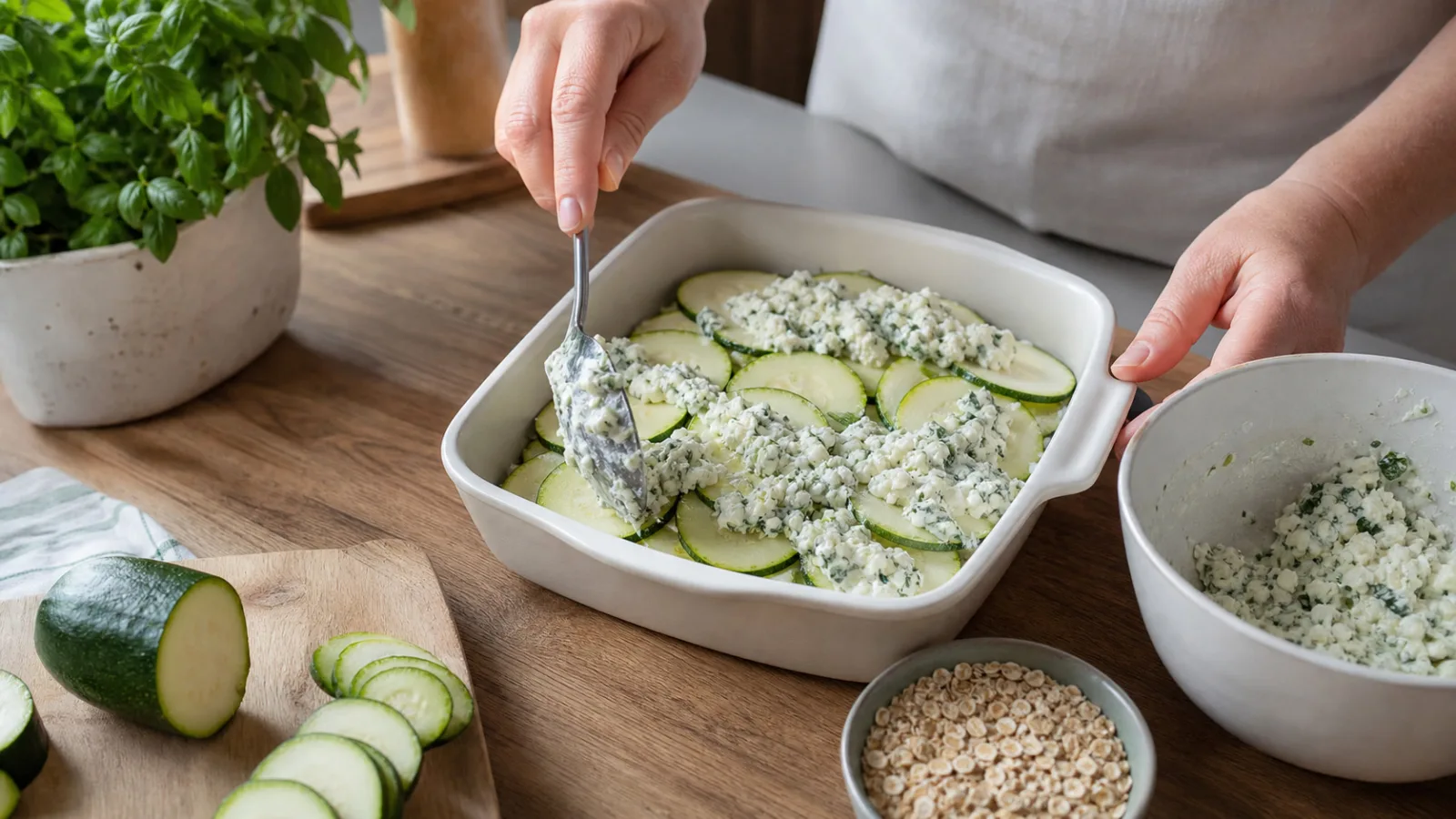 Manos armando calabacitas gratinadas con queso cottage hierbas y avena en un refractario casero