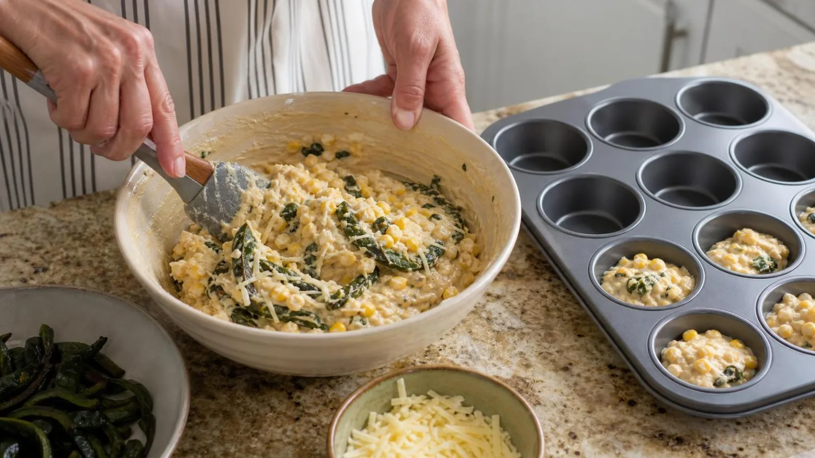 Manos mezclando elote rajas y queso en un tazon para pastelitos salados caseros