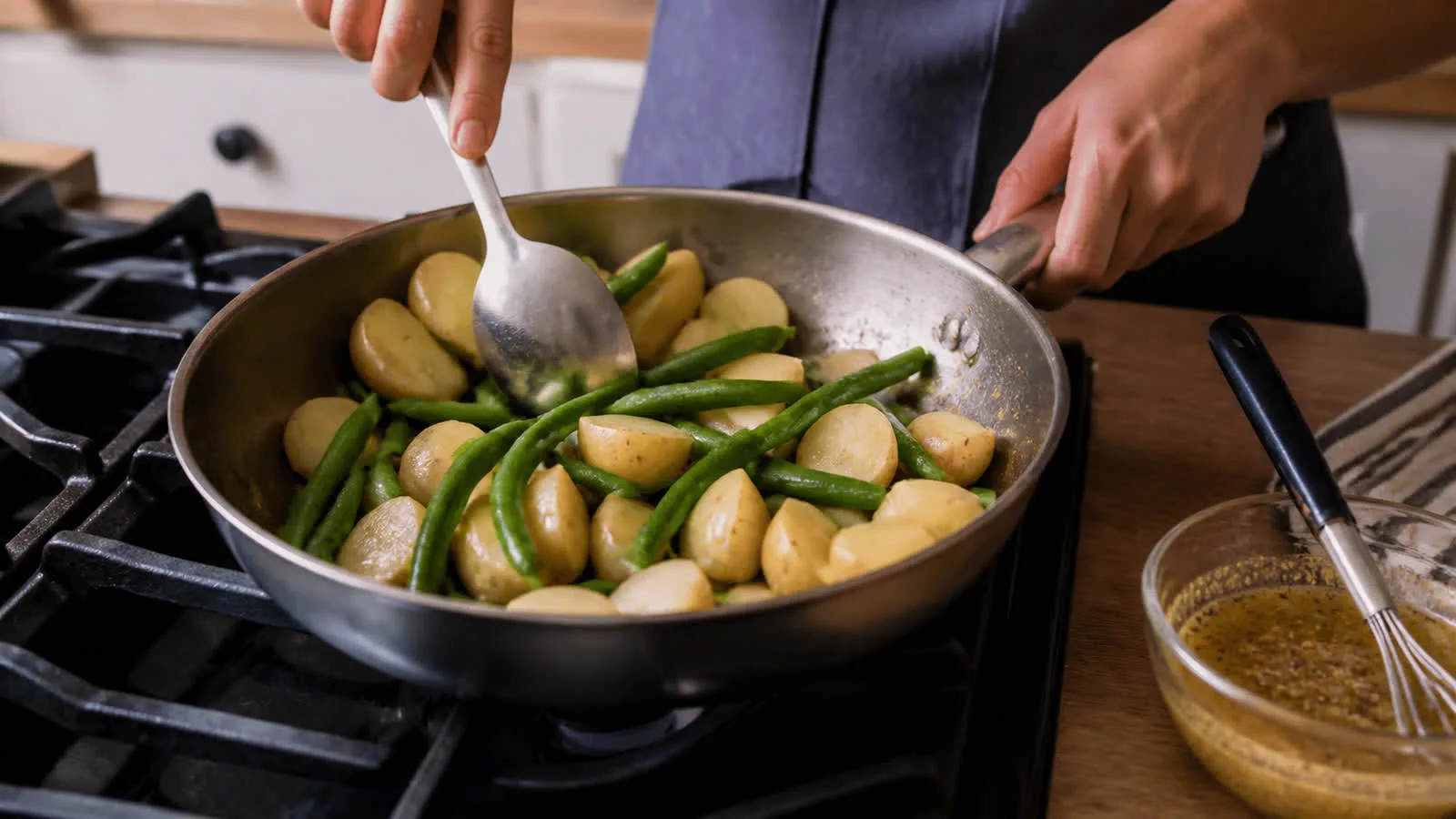 Manos salteando ejotes y papa cambray en sarten con vinagreta de mostaza en cocina casera
