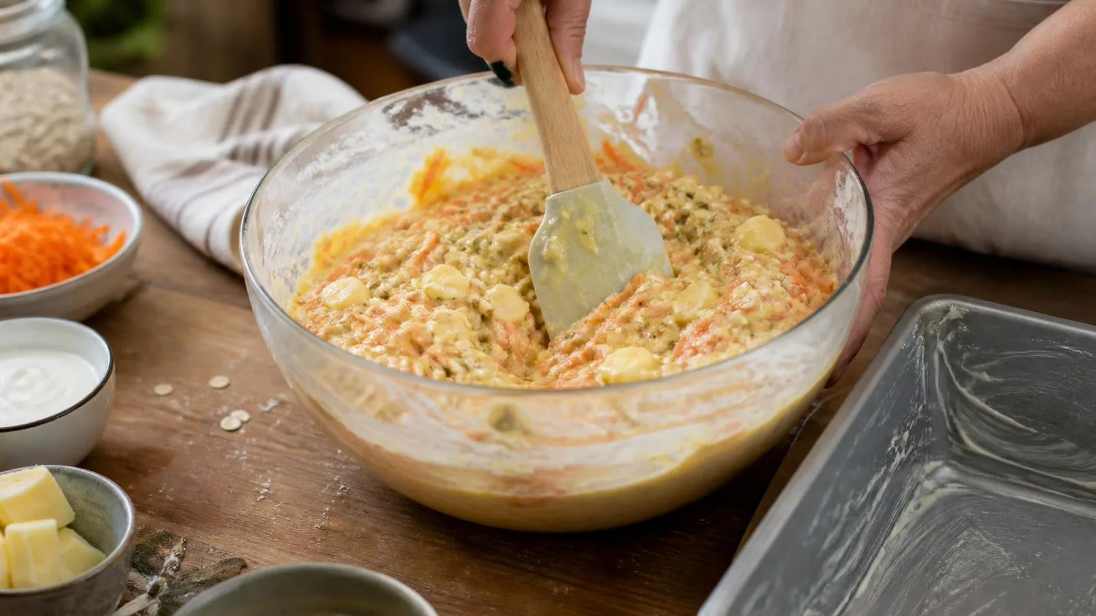 Manos mezclando masa de panque salado de zanahoria con queso y avena en tazon casero