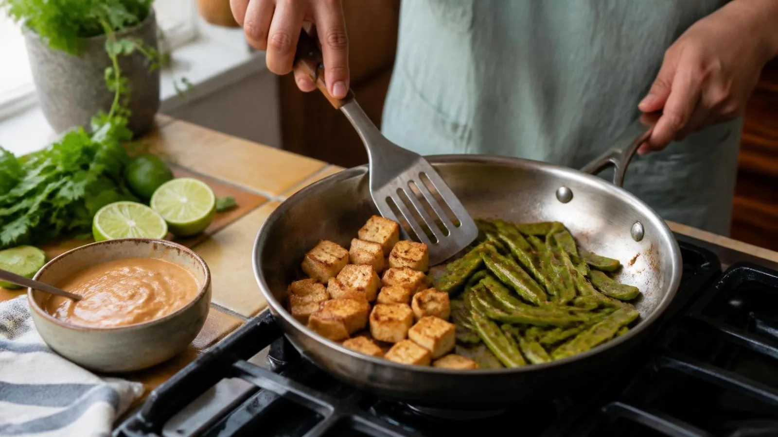 Manos dorando tofu y salteando nopales en sarten casero