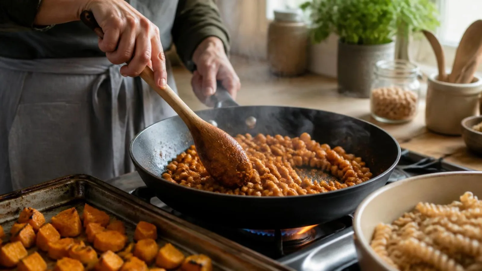 Manos salteando garbanzos especiados en sarten junto a calabaza asada para pasta integral casera