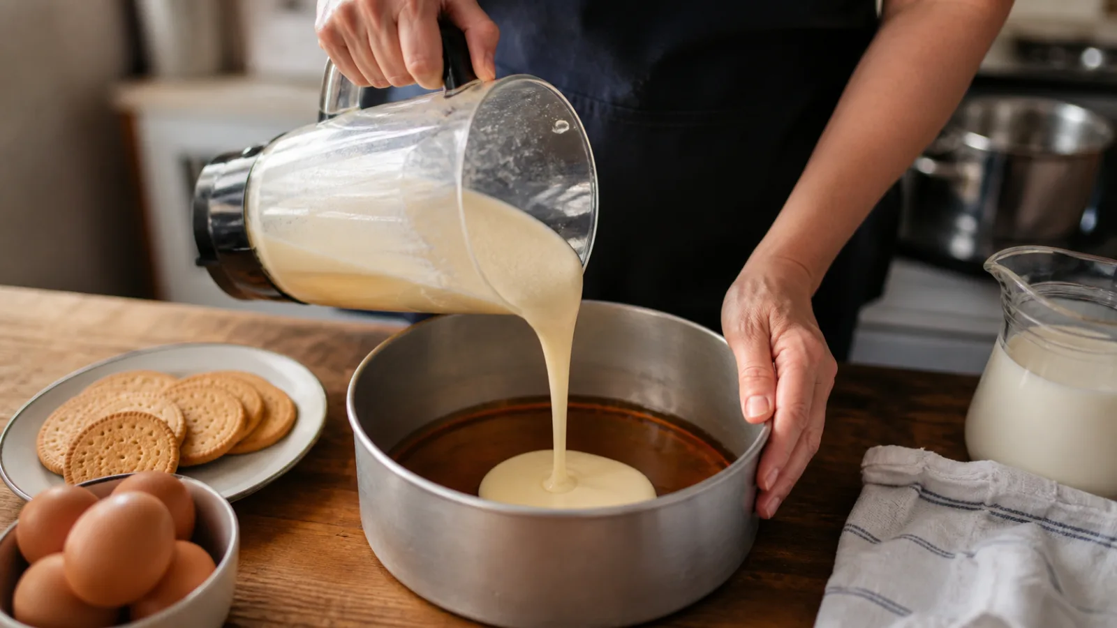 Manos vertiendo mezcla de flan de galleta Maria en molde caramelizado dentro de cocina casera