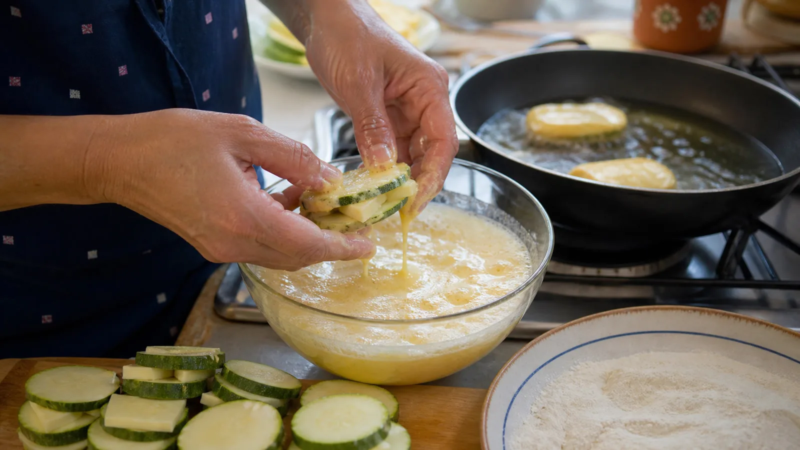 Manos capeando calabacitas rellenas de queso con huevo en cocina casera