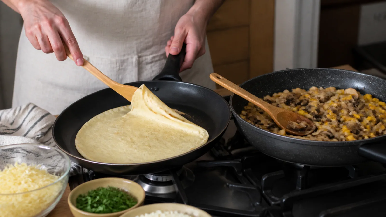Manos cocinando una crepa en sarten junto a relleno de champinones y elote en cocina casera