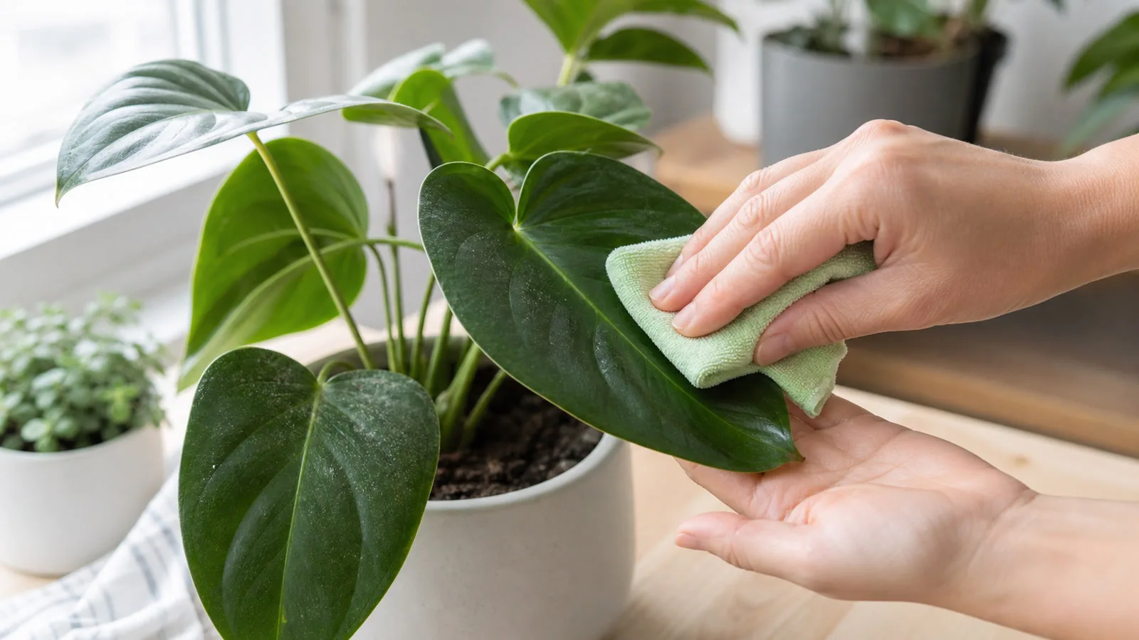 Manos limpiando una hoja de planta de interior con paño húmedo mientras la sostienen por debajo