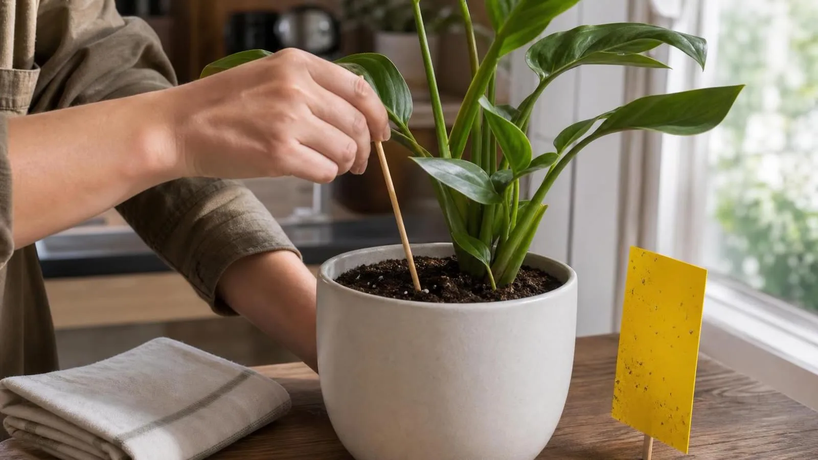 Manos revisando la humedad de la tierra de una planta de interior con palito de madera