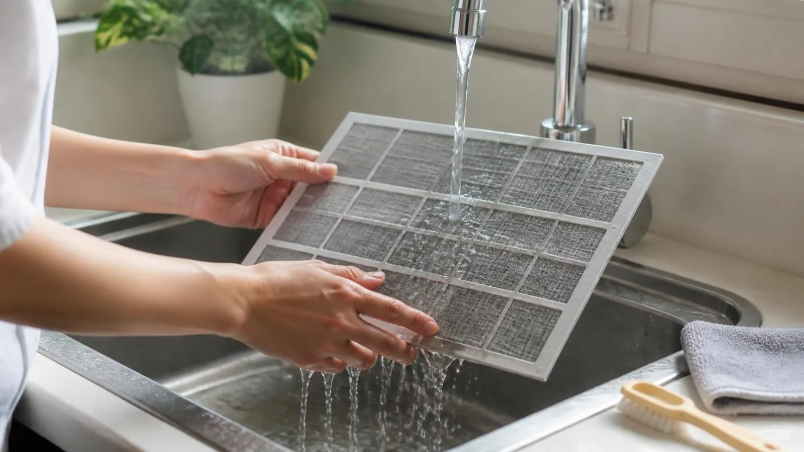 Manos lavando un filtro lavable de aire acondicionado con agua suave en lavadero de casa