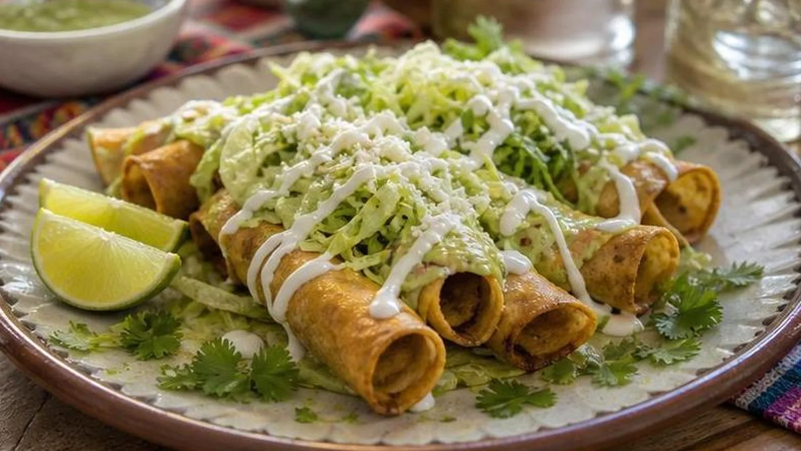 Tacos dorados de papa servidos con salsa cremosa de aguacate, crema, queso fresco y lechuga