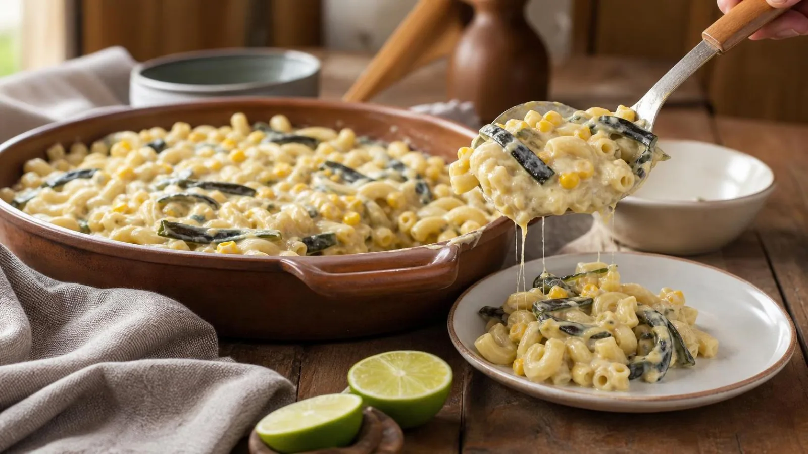 Coditos cremosos con elote y chile poblano servidos desde una cazuela en mesa casera