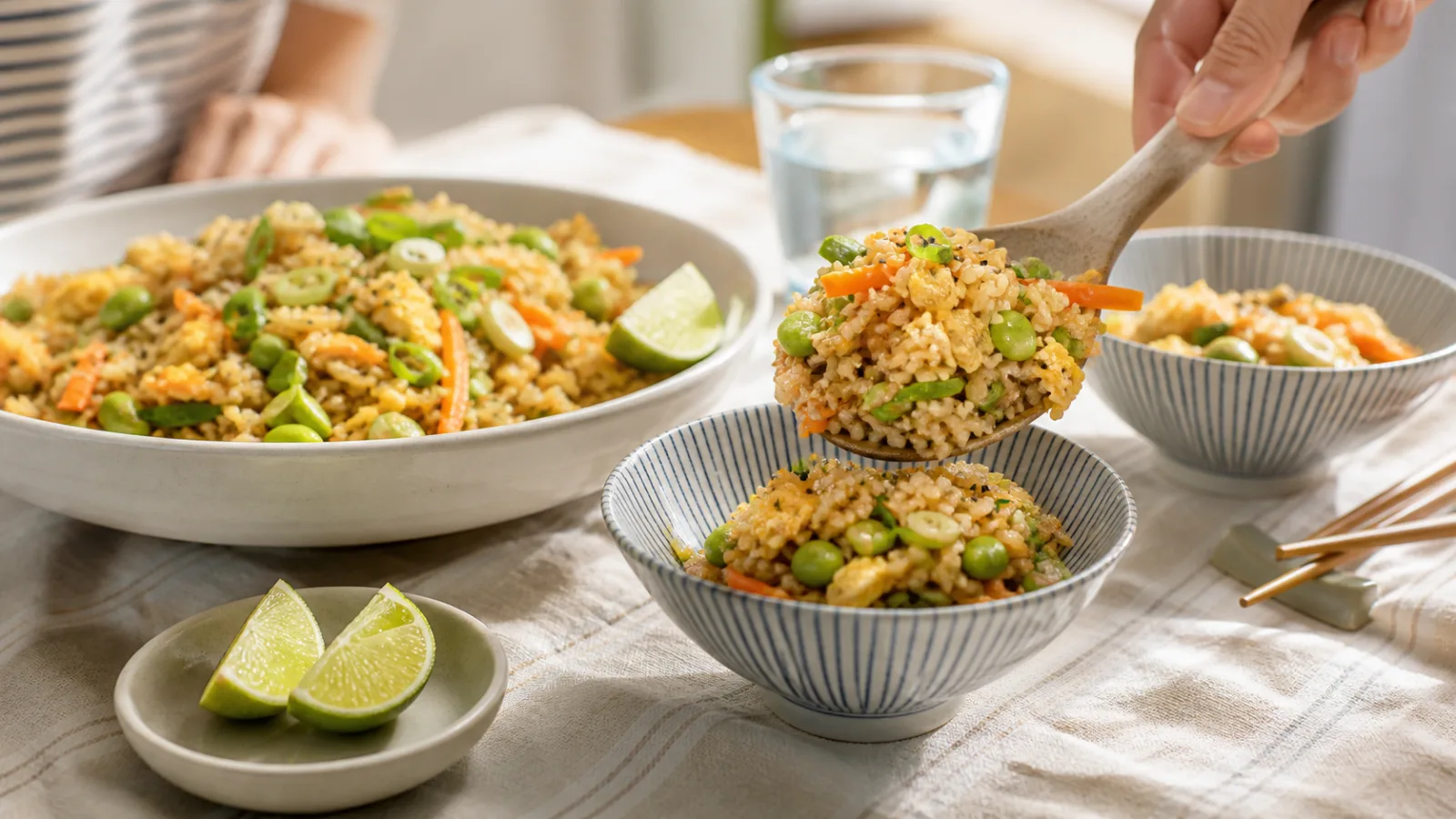 Arroz integral salteado con edamame zanahoria y huevo servido en mesa casera